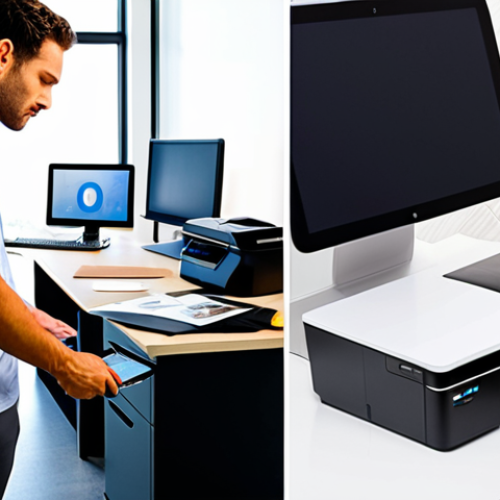 **Prompt:** A split image contrasting printer connectivity. On the left, a modern, minimalist home office scene with a person effortlessly printing a document from a tablet to a wireless printer, emphasizing convenience and no visible cables. On the right, a bustling corporate office environment with multiple employees collaboratively sending print jobs to a robust network printer connected via clear Ethernet cables, highlighting stability and shared access. Bright, clean aesthetic, realistic rendering.