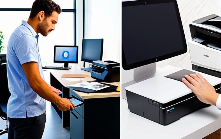 **Prompt:** A split image contrasting printer connectivity. On the left, a modern, minimalist home office scene with a person effortlessly printing a document from a tablet to a wireless printer, emphasizing convenience and no visible cables. On the right, a bustling corporate office environment with multiple employees collaboratively sending print jobs to a robust network printer connected via clear Ethernet cables, highlighting stability and shared access. Bright, clean aesthetic, realistic rendering.