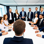 **Wide-angle webcam view of a team meeting in a modern office setting.** (Focus: Show multiple people clearly visible and engaged.)