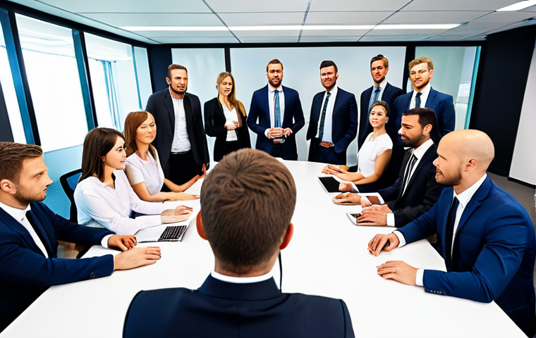 **Wide-angle webcam view of a team meeting in a modern office setting.** (Focus: Show multiple people clearly visible and engaged.)